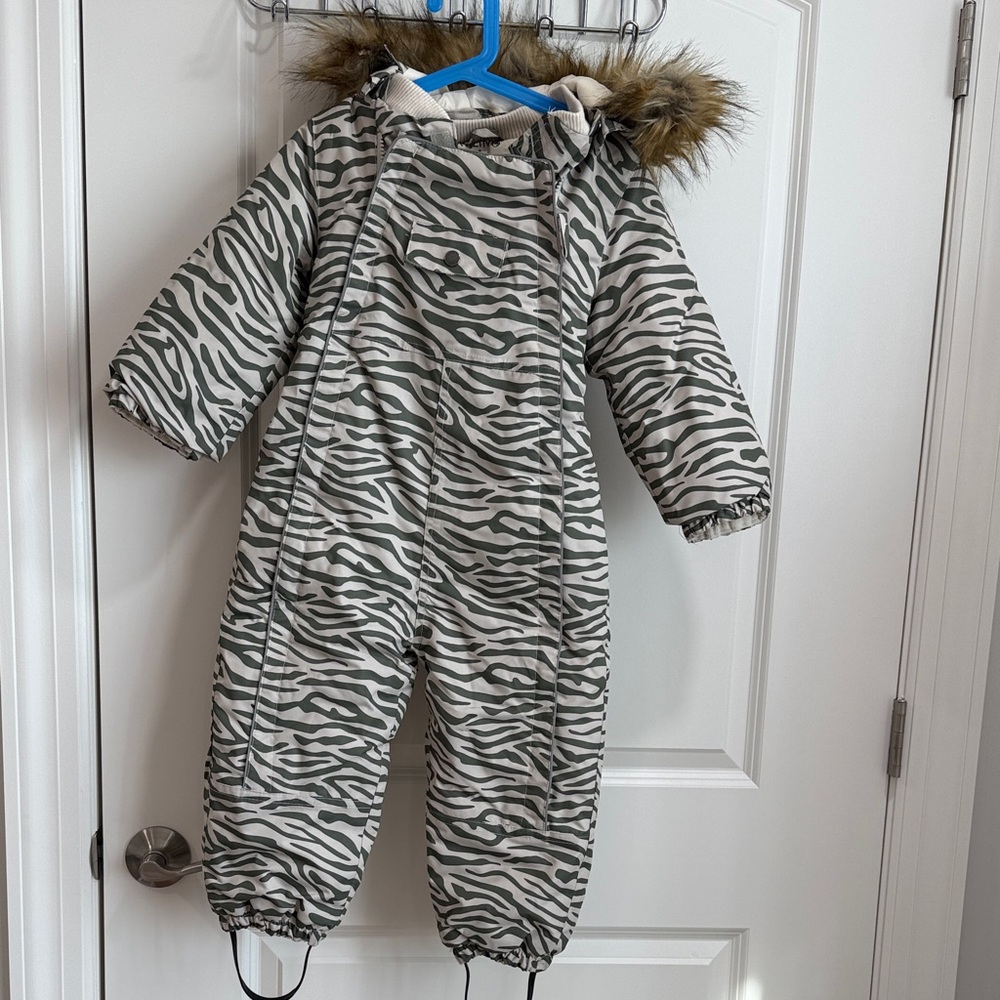 Kids Zebra Print Snowsuit with Faux Fur Hood